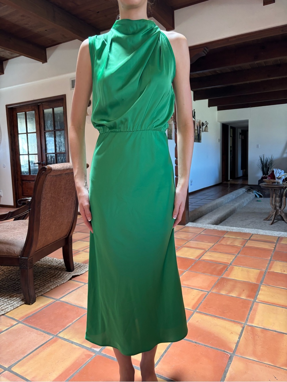 Sleeveless Draped Midi Dress in Emerald Green